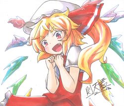  1girl blonde_hair crystal fang flandre_scarlet frills hat hat_ribbon highres marker_(medium) one-hour_drawing_challenge red_eyes red_ribbon ribbon side_ponytail simple_background sokutenkun solo touhou traditional_media upper_body white_background white_mob_cap 