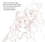  286456006 2girls blush cellphone closed_mouth cone_hair_bun double_bun finger_heart genshin_impact hair_bun heart holding holding_phone keqing_(genshin_impact) meme monochrome multiple_girls ningguang_(genshin_impact) phone scarf selfie simple_background smartphone smile v white_background yuri 