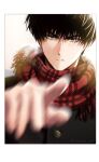  black_eyes black_hair blurry blurry_foreground coat gakuran highres looking_at_viewer male_focus nbss_sd plaid plaid_scarf pov rukawa_kaede scarf school_uniform short_hair slam_dunk_(series) winter winter_clothes winter_coat 