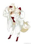  1girl animal_ears bell blonde_hair boots bow chinese_commentary choker christmas closed_mouth coat collar commentary_request dress fox fox_ears fox_tail full_body fur-trimmed_boots fur-trimmed_dress fur_trim hair_bow hand_up hat highres long_sleeves looking_at_viewer neck_bell original red_bow red_choker red_dress red_footwear rexxxlord santa_costume santa_dress santa_hat short_hair simple_background sleeves_past_fingers sleeves_past_wrists smile solo strapless tail thigh-highs weibo_logo weibo_username white_background white_coat white_hair white_thighhighs yellow_eyes 