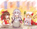  4girls ascot bat_wings blonde_hair blue_eyes blue_hair bow braid brown_eyes brown_hair commentary_request cooking crystal detached_sleeves fang fire flandre_scarlet food frilled_bow frilled_hair_tubes frills green_bow green_ribbon grey_hair hair_bow hair_tubes hakurei_reimu hat hat_ribbon holding holding_food holding_vegetable izayoi_sakuya light_blush long_hair maid_headdress mob_cap multicolored_wings multiple_girls musical_note neck_ribbon one_side_up open_mouth pink_hat pointy_ears red_bow red_eyes red_vest remilia_scarlet ribbon ribbon-trimmed_sleeves ribbon_trim short_hair_with_long_locks short_sleeves siblings side_ponytail sisters smile stove tanikake_yoku touhou translation_request twin_braids vegetable vest white_hat wings yellow_ascot 