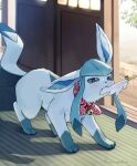 all_fours artist_name bandana bandana_around_neck bell blue_fur body_fur cat_teaser glaceon highres indoors kaminokefusa motion_lines mouth_hold neck_bell pokemon pokemon_(creature) red_bandana shadow solo 