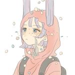  +_+ 1girl animal_ears backpack bag blue_eyes closed_mouth dot_nose expressionless flower highres hood hood_up hoodie orange_hoodie original purple_hair rabbit_ears scissors short_hair simple_background solo star_(symbol) sticker_on_face tokeiiiiiii upper_body white_background 