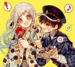  1boy 1girl bandaid bandaid_on_face black_hat blue_kimono braid candy_apple commentary_request food gakuseibou hanako_(jibaku_shounen_hanako-kun) hat holding holding_food holding_plate japanese_clothes jibaku_shounen_hanako-kun kimono korean_commentary long_sleeves magatama magatama_hair_ornament open_mouth pink_eyes plate sapphire_(nine) sidelocks simple_background single_hair_ring smile takoyaki upper_body wide_sleeves yashiro_nene yellow_background yellow_kimono 