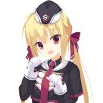 1girl :d absurdres arihara_nanami black_capelet black_hat blonde_hair capelet commentary eyes_visible_through_hair garrison_cap gloves hair_between_eyes hair_ribbon hands_up happy hat head_tilt highres kaon_zz long_hair long_sleeves looking_at_viewer low_twintails necktie open_mouth paw_pose red_eyes red_necktie red_ribbon ribbon riddle_joker simple_background smile solo straight_hair tsurime twintails upper_body white_background white_gloves