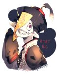  1boy black_hair black_hat black_jacket hat jacket looking_at_viewer mili_(band) ofuda ofuda_on_head open_mouth pink_eyes qc_(mili) qingdai_guanmao red_sousaku sharp_teeth simple_background sleeves_past_fingers sleeves_past_wrists smile solo teeth white_background 