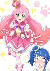  2girls absurdres arched_crown blood blue_eyes blue_hair blue_shirt boots bow bowtie braid brooch commentary constricted_pupils cosplay crown cure_prism cure_wonderful cure_wonderful_(cosplay) cut_bangs dress green_eyes hair_bow hair_bun heart heart_brooch highres hirogaru_sky!_precure in-franchise_crossover jewelry keijirou_(mukunozaltusou) leg_up long_hair looking_at_another looking_at_viewer medium_dress medium_hair mini_crown multiple_girls nijigaoka_mashiro nosebleed open_mouth pantyhose paw_pose paw_print pink_footwear pink_hair pink_pantyhose pouch precure puffy_short_sleeves puffy_sleeves purple_bow purple_bowtie red_dress shirt short_sleeves side_braids side_ponytail single_side_bun smile sora_harewataru sparkle standing standing_on_one_leg striped_clothes striped_pantyhose sweatdrop tilted_headwear trembling very_long_hair wonderful_precure! wrist_cuffs yellow_bow yellow_pantyhose 