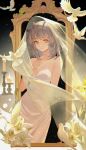  1girl absurdres alternate_costume arknights bird bridal_veil candle choker dove dress expressionless flower flower_request grey_hair highres long_hair looking_at_viewer ptilopsis_(arknights) ruoshuisanqian-zhiqumiemie solo two-tone_dress veil white_dress yellow_eyes 