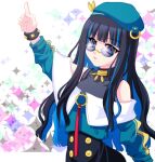  1girl beret blue-tinted_eyewear bracelet colored_inner_hair eyeliner fate/grand_order fate_(series) green_hat green_jacket grey_eyes hat jacket jewelry looking_at_viewer looking_over_eyewear makeup multicolored_hair neck_ring o-ring pointing pointing_up purple-tinted_eyewear rionyan round_eyewear solo sunglasses tenochtitlan_(fate) tenochtitlan_(second_ascension)_(fate) tinted_eyewear wavy_hair 