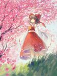  1girl ascot bow brown_eyes brown_hair detached_sleeves flower frilled_bow frilled_hair_tubes frills ge_dazuo grass hair_bow hair_tubes hakurei_reimu highres long_hair outdoors pink_flower red_bow red_skirt ribbon-trimmed_sleeves ribbon_trim skirt skirt_set solo touhou 