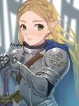  1girl armor blonde_hair blue_cape braid breastplate cape crown_braid gauntlets hirofujie long_hair looking_at_viewer planted planted_sword pointy_ears princess_zelda shoulder_armor signature solo sword the_legend_of_zelda the_legend_of_zelda:_breath_of_the_wild triforce weapon 