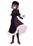  1girl bird black_coat black_eyes blue_bird boots capelet coat expressionless full_body fur-trimmed_capelet fur_hat fur_trim gloves hat highres kuonji_alice looking_at_viewer mahou_tsukai_no_yoru parted_lips purple_hair shikkuro69 short_hair simple_background solo white_background 
