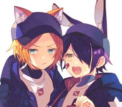  2boys :/ animal_ears aoi_hinata averting_eyes baseball_cap bishounen cat_ears character_request check_character ears_through_headwear ensemble_stars! hand_up hat highres hood hood_down hooded_coat kemonomimi_mode looking_at_another male_focus matching_outfits multiple_boys nagatuki_anst portrait rabbit_ears shino_hajime simple_background sweatdrop two-sided_hood v-shaped_eyebrows white_background 