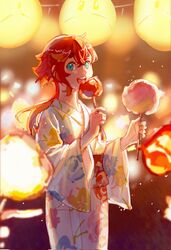  1girl blue_eyes candy_apple cemony commentary_request cotton_candy dated floral_print food gundam gundam_suisei_no_majo highres holding holding_food japanese_clothes kimono lantern light_particles long_hair long_sleeves obi open_mouth outdoors paper_lantern pov pov_hands print_kimono redhead sash smile solo_focus suletta_mercury thick_eyebrows twitter_username white_kimono 