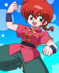  1girl blue_background blue_eyes braid braided_ponytail breasts chinese_clothes circle hair_between_eyes lowres open_mouth ranma-chan ranma_1/2 redhead solo tangzhuang wanta_(futoshi) 