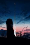  1girl absurdres blurry blurry_foreground clouds gracile gradient_sky grass highres long_hair original outdoors rocket scenery silhouette sky solo twilight 