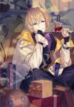  1boy alcohol belt black_pants black_shirt blonde_hair blurry bottle box character_doll copyright_notice couch counter cup depth_of_field drinking_glass ebira elbow_rest feet_out_of_frame frilled_sleeves frills fura_kanato gift gift_box glint grin hair_between_eyes head_on_hand head_rest holding holding_cup holster indian_style indoors jacket lens_flare long_sleeves looking_at_viewer male_focus multicolored_hair nijisanji off_shoulder official_art on_couch open_clothes open_jacket orange_hair pants plant purple_belt sample_watermark shirt short_hair shoulder_holster sitting sleeves_past_wrists smile solo stool streaked_hair violet_eyes virtual_youtuber watermark white_jacket wine wine_bottle wine_glass 