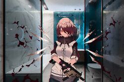  1girl arknights black_gloves black_pantyhose black_sleeves blood chromatic_aberration clothes_writing commentary detached_wings energy_wings exusiai_(arknights) fingerless_gloves gloves gun hair_over_one_eye halo highres holding holding_gun holding_weapon jacket kriss_vector orange_eyes pantyhose redhead short_hair short_sleeves solo soukou_makura submachine_gun weapon white_jacket wings 