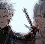  2boys bishounen blood blood_on_face blue_eyes coat dante_(devil_may_cry) devil_may_cry_(series) devil_may_cry_3 hair_slicked_back highres looking_at_viewer male_focus multiple_boys rebellion_(sword) red_coat seyyy_12345 siblings simple_background smile sword twins vergil_(devil_may_cry) weapon white_hair 
