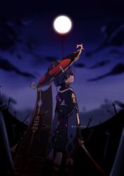  1boy absurdres arm_at_side armor belt black_eyes black_hair black_kimono black_shorts black_sleeves black_veil blank_eyes bleeding blood blood_on_face blood_on_weapon blunt_ends checkered_bag clenched_hand clouds cloudy_sky constricted_pupils field_of_blades from_behind full_body full_moon genshin_impact gold hair_between_eyes hair_over_one_eye hat head_tilt highres holding holding_sword holding_weapon japanese_armor japanese_clothes jewelry jingasa kimono kote kurokote layered_sleeves male_focus mask mask_on_hat moon neck_ring night night_sky o-ring planted planted_sword pouch purple_belt purple_hair purple_sash purple_sleeves red_belt red_hat red_sash red_trim rzm_mmzk sash scaramouche_(genshin_impact) short_sleeves shorts sky solo standing sword veil weapon white_trim 