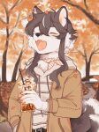  1girl animal_ear_piercing animal_ears animal_nose autumn autumn_leaves belt black_hair blush breath brown_jacket closed_eyes coffee_cup commentary cup disposable_cup dog_ears dog_tail drawstring drinking_straw falling_leaves fangs food-themed_hair_ornament frappuccino furry furry_female hair_ornament hand_in_pocket highres holding holding_cup hood hood_down hoodie huckypaw jacket leaf multicolored_hair multiple_tails open_mouth original outdoors peach_hair_ornament red_nails short_hair_with_long_locks solo striped_clothes striped_hoodie symbol-only_commentary tail tree whipped_cream white_hair 
