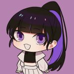  1girl black_hair black_shirt blunt_bangs chibi cloud_nine_inc colored_inner_hair commentary cropped_shirt highres jacket long_hair looking_at_viewer midriff multicolored_hair open_clothes open_jacket open_mouth pleated_skirt ponytail purple_background purple_hair riseno shirt simple_background skirt smile solo utaite violet_eyes white_jacket white_skirt yoshino_(utaite) 