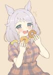 1girl alternate_costume alternate_hairstyle animal_ears blush breasts brown_background brown_eyes buttons casual food grey_hair highres hishi_miracle_(umamusume) holding holding_food horse_ears horse_girl looking_at_viewer medium_breasts nenbutsu_0416 open_mouth scrunchie simple_background solo sweat umamusume 