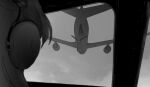  1girl aircraft airplane airplane_interior c-5m_super_galaxy clouds cockpit day facing_away girls_und_panzer greyscale headphones kay_(girls_und_panzer) long_hair monochrome out_of_frame payama portrait refueling solo vehicle_focus windshield 