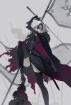  1girl ahoge armor armored_dress banner black_cape black_dress black_thighhighs breasts cape dress fate/grand_order fate_(series) faulds flag fur-trimmed_cape fur_trim gauntlets headpiece highres holding holding_flag jeanne_d&#039;arc_alter_(avenger)_(fate) jeanne_d&#039;arc_alter_(avenger)_(first_ascension)_(fate) jeanne_d&#039;arc_alter_(fate) large_breasts looking_at_viewer nakamura_(wmfp3834) plackart short_hair smile solo standard_bearer sword thigh-highs torn_cape torn_clothes weapon white_flag white_hair yellow_eyes 