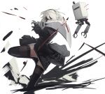  1girl 2b_(nier:automata) absurdres black_blindfold black_dress black_hairband black_thighhighs blindfold bob_cut boots breasts clothing_cutout covered_eyes dress feet_out_of_frame gloves hairband highres holding holding_sword holding_weapon juliet_sleeves katana leotard long_sleeves looking_at_viewer nagishiro_mito nier:automata nier_(series) pod_(nier:automata) puffy_sleeves short_hair simple_background solo sword thigh-highs weapon white_background white_hair 