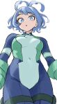  1girl :o blue_bodysuit blue_eyes blue_hair bodysuit boku_no_hero_academia drill_hair fengling_(furin-jp) from_below green_bodysuit hadou_nejire highres looking_at_viewer multicolored_bodysuit multicolored_clothes official_alternate_hair_length official_alternate_hairstyle open_mouth short_hair simple_background solo thigh_strap twin_drills unfinished white_background 
