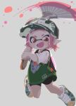  1girl baseball_cap bike_shorts commentary_request fang full_body green_shirt grey_background hat highres holding holding_weapon ink_tank_(splatoon) inkling inkling_girl inkling_player_character maple_albus open_mouth painbrush_(splatoon) pink_hair pointy_ears print_shirt red_eyes shirt shoes short_hair simple_background smile solo splatoon_(series) splatoon_3 tentacle_hair weapon 