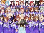  6+girls animal_ears bandaid bandaid_on_face bandaid_on_nose black_bow black_hair blonde_hair blue_eyes blue_flower blue_hair bow brown_eyes brown_hair character_request closed_eyes cross-eyed ear_bow ear_covers ear_ornament ear_piercing earrings fang flower glasses green_bow grey_hair hair_between_eyes hair_bow hair_flower hair_ornament hair_over_one_eye hairband hands_on_another&#039;s_shoulders hands_on_own_hips hat hat_flower heart heart_earrings highres hishi_amazon_(umamusume) horse_ears horse_girl jewelry manhattan_cafe_(umamusume) multiple_girls necklace nijisanji nui_sociere one_eye_closed open_mouth orange_hair piercing purple_bow purple_skirt red-framed_eyewear red_bow school_uniform skin_fang skirt smart_falcon_(umamusume) smile tau_(tau_1111) tracen_school_uniform umamusume violet_eyes virtual_youtuber white_bow yellow_bow yellow_eyes 