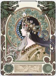  1girl art_nouveau black_hair blue_eyes floating_hair highres hololive juufuutei_raden long_hair makitekka multicolored_hair profile two-tone_hair virtual_youtuber zodiac 