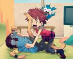  1boy 1girl angry argyle_clothes argyle_skirt barefoot blanket brother_and_sister brown_hair chibimon commentary_request covered_face crying curtains digimon digimon_adventure_02 digimon_on_head earrings fighting foot_on_another&#039;s_face goggles indoors jewelry motomiya_daisuke motomiya_jun pants purple_skirt shirt short_hair shorts siblings skirt smother socks streaming_tears t-shirt t_k_g tank_top tears television timestamp wristband 