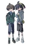  2boys backpack bag black_hair blue_shirt blue_shorts blush brown_eyes brown_hair cardigan collared_shirt crossed_bangs florian_(pokemon) full_body green_cardigan green_socks grey_hoodie hair_between_eyes hood hood_down hoodie kieran_(pokemon) long_sleeves male_focus mole mole_on_neck multiple_boys open_mouth pokemon pokemon_sv pon1o_pnpn purple_hair shirt shoes shorts simple_background sneakers socks standing white_background white_shorts white_socks yellow_eyes 