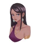  1girl absurdres armlet black_hair blue_eyes cocoyashin cropped_torso earrings highres jewelry long_hair looking_at_viewer necklace nico_robin one_piece sidelocks simple_background smile solo white_background 