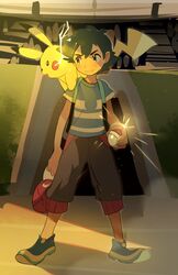  1boy ash_ketchum black_hair blue_footwear blue_shirt brown_eyes capri_pants commentary_request electricity glowing grin hat highres holding holding_clothes holding_hat holding_poke_ball looking_to_the_side male_focus on_shoulder pants pikachu poke_ball poke_ball_(basic) pokemon pokemon_(anime) pokemon_(creature) pokemon_on_shoulder pokemon_sm_(anime) red_hat shirt shoes short_hair short_sleeves smile standing striped_clothes striped_shirt suikaels teeth unworn_hat unworn_headwear 