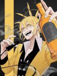  1boy alcohol asymmetrical_hair beer blonde_hair collarbone delisaster earrings electronic_cigarette facial_mark grin highres jacket jewelry long_sleeves mashle popped_collar smile smoke solo teeth upper_body yellow_eyes yellow_jacket yu_0201e 