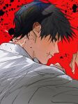  1boy black_hair black_sclera bo_toike57 colored_sclera fushiguro_touji highres jujutsu_kaisen looking_ahead male_focus parted_lips portrait red_background red_eyes scar scar_on_face scar_on_mouth serious shirt short_hair solo white_shirt 