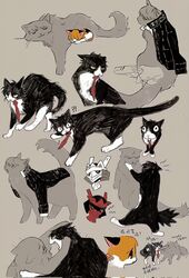  !? :3 adachi_tooru animal_focus animalization black_jacket cat doujima_nanako fighting gun hamusitas highres izanagi_(persona_4) jacket licking licking_another&#039;s_face multiple_cats narukami_yuu necktie no_humans persona persona_4 red_necktie simple_background sleeping weapon yellow_eyes 