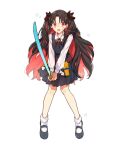  1girl aged_down belt black_hair black_vest blush breasts collared_shirt colored_inner_hair crying crying_with_eyes_open fate/grand_order fate_(series) full_body holding holding_toy holster ishtar_(fate) kabutomushi_s long_hair long_sleeves looking_at_viewer multicolored_hair official_alternate_costume open_mouth parted_bangs pleated_skirt red_eyes redhead ribbon shirt skirt small_breasts solo space_ishtar_(fate) tears toy toy_gun toy_sword two-tone_hair two_side_up very_long_hair vest white_background white_shirt 