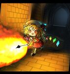  1girl :3 arch ascot blonde_hair chibi dungeon fire flandre_scarlet hat hat_ribbon highres laevatein_(touhou) loose_socks magic mizuga mob_cap open_mouth red_eyes red_skirt red_vest ribbon shoes short_sleeves skirt socks solo touhou vest walking wand wings yellow_ascot 
