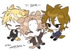  3boys animal_ears antenna_hair atou_haruki black_jacket black_pants blonde_hair blue_jacket brown_jacket chibi chibi_only colored_skin commentary_request crossed_arms dog_boy dog_ears dog_tail fox_boy fox_ears fox_tail fur-trimmed_jacket fur_trim green_eyes grey_pants hair_between_eyes isoi_reiji jacket kemonomimi_mode korean_commentary korean_text light_brown_hair lowres male_focus medium_hair multiple_boys open_clothes open_jacket pants parted_bangs red_shirt saibou_shinkyoku shinano_eiji shirt short_hair simple_background sweat t1fdc tail translation_request white_background white_shirt white_skin 
