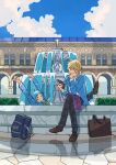  2boys absurdres arched_window architecture arms_up bag black_pants blonde_hair blue_bag blue_hair blue_jacket blue_sky brown_bag brown_footwear bush closed_eyes clouds colonnade commentary_request courtyard crossed_legs day elbow_on_thigh ensemble_stars! fountain green_necktie hakaze_kaoru head_tilt highres holding jacket leg_up loafers long_sleeves looking_at_object male_focus multiple_boys necktie one_eye_closed outdoors oyamayy pants partially_submerged plaid_clothes plaid_pants reflective_floor scenery school school_uniform shinkai_kanata shoes shoulder_bag sitting sky stretching unworn_bag wide_shot window yumenosaki_school_uniform 