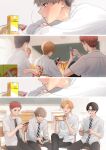  4boys :d absurdres bag_of_chips blonde_hair blurry blurry_background brown_hair chair chalkboard classroom closed_eyes crossed_legs desk eating friends glasses happy highres holding holding_phone indoors juice_box laughing macaronk male_focus manga_(object) multiple_boys necktie original phone playing_games redhead school_desk school_uniform shirt sitting smile striped_necktie white_shirt 