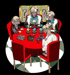  aged_down aqua_shirt aventurine_(honkai:_star_rail) black_gloves blonde_hair card chain chair clothing_cutout collared_shirt fur_trim gem glasses gloves hair_between_eyes highres honkai:_star_rail honkai_(series) hood hoodie male_focus multicolored_eyes multiple_boys on_chair playing_card shirt short_hair sitting table terra4111 tinted_eyewear 