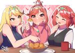  1girl bare_shoulders blonde_hair breasts chest_jewel core_crystal_(xenoblade) eating food glimmer_(xenoblade) high_ponytail highres holding holding_food jewelry large_breasts long_hair mythra_(xenoblade) osora_(judithandlilith) ponytail pyra_(xenoblade) redhead short_hair swept_bangs tiara very_long_hair xenoblade_chronicles_(series) xenoblade_chronicles_2 xenoblade_chronicles_3 xenoblade_chronicles_3:_future_redeemed yellow_eyes 