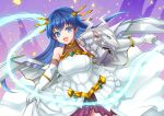  1girl :d armor blue_eyes blue_hair breasts commission detached_sleeves dress electric_whip gloves holding holding_whip large_breasts lia_parapara_leazas long_hair looking_at_viewer outstretched_arm pauldrons rance_(series) shoulder_armor single_pauldron skeb_commission smile solo tiara whip white_dress white_gloves yakou_(mofumofu117117) 