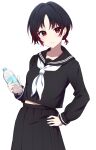  1girl absurdres black_hair bottle gradient_hair hand_on_own_hip highres holding holding_bottle iris_black_games kisaragi_ren_(vtuber) looking_at_viewer multicolored_hair parted_bangs plastic_bottle red_eyes redhead reikakrzk school_uniform short_hair simple_background solo virtual_youtuber vspo! white_background 